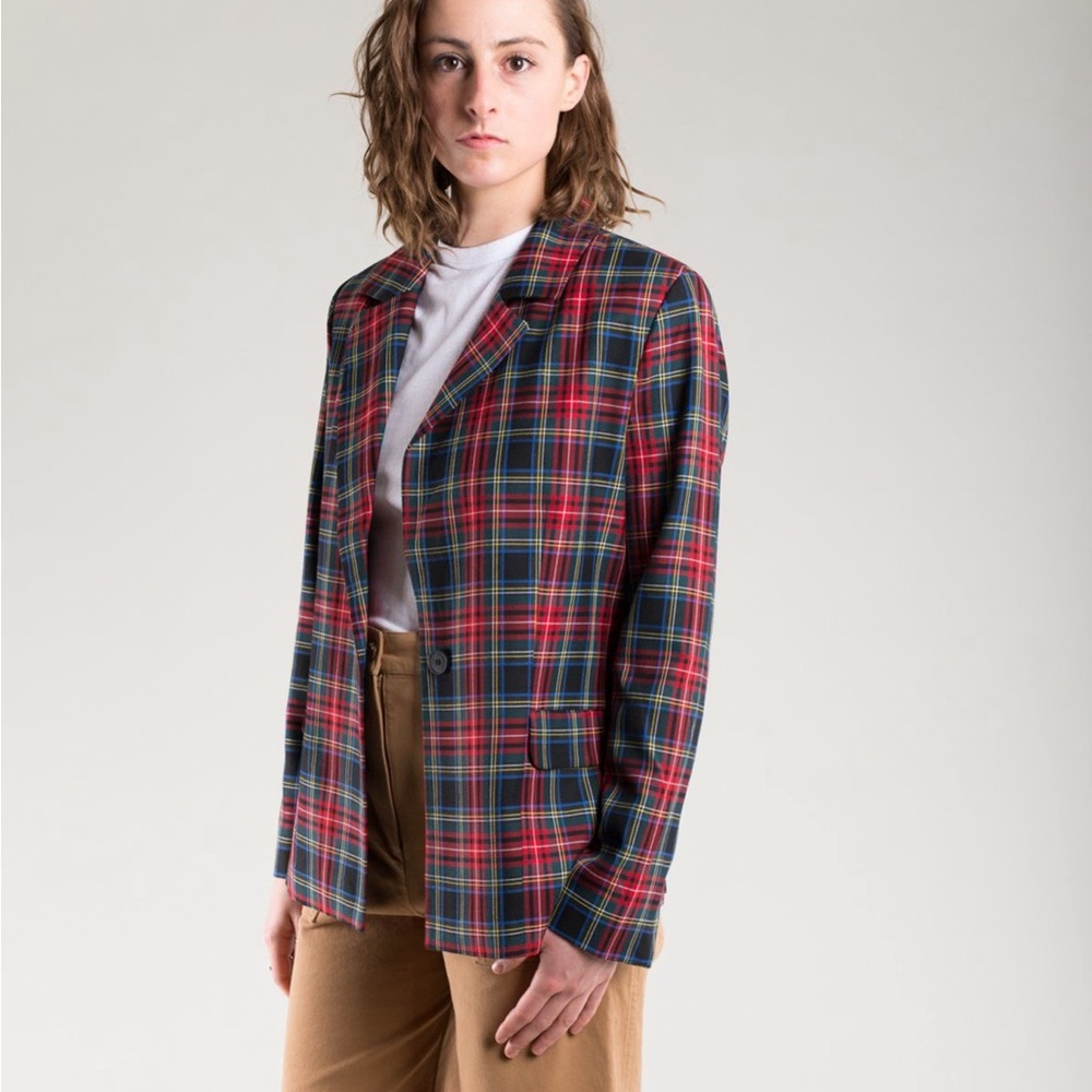 JUST‎ FEMALE Sinclair Tartan Red Plaid Holiday Blazer